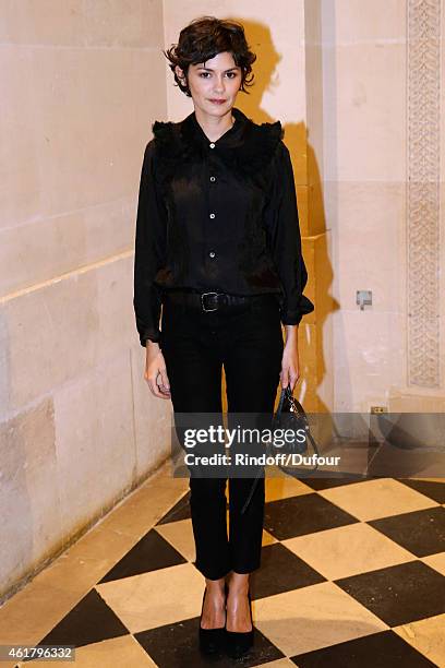 Actress Audrey Tautou attends Luc Besson receives the First 'Gold Medal of the Academy of Arts and Techniques of Cinema'. Held at Monnaie De Paris on...