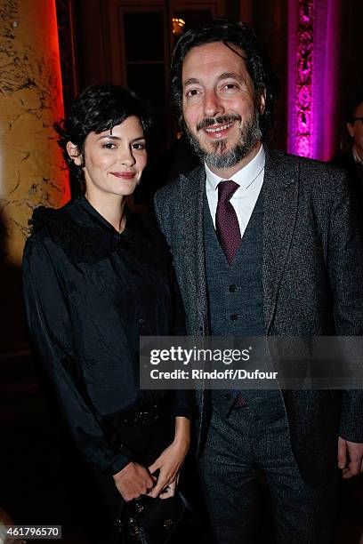 Actors Audrey Tautou and Guillaume Gallienne attend Luc Besson receives the First 'Gold Medal of the Academy of Arts and Techniques of Cinema'. Held...