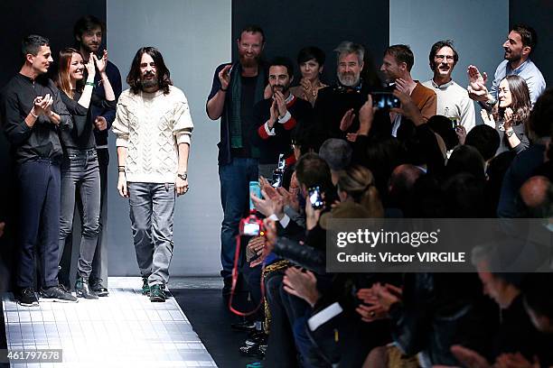 Designer Alessandro Michele walks the runway during the Gucci show as part of Milan Menswear Fashion Week Fall Winter 2015/2016 on January 19, 2015...