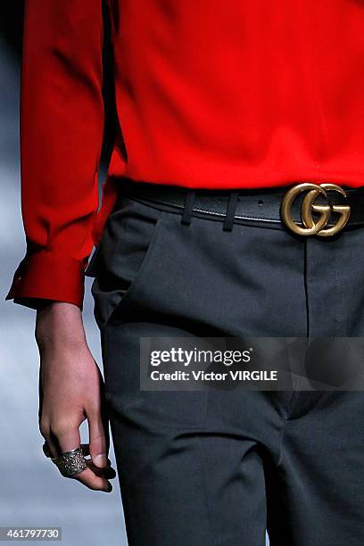 Model walks the runway during the Gucci show as part of Milan Menswear Fashion Week Fall Winter 2015/2016 on January 19, 2015 in Milan, Italy.