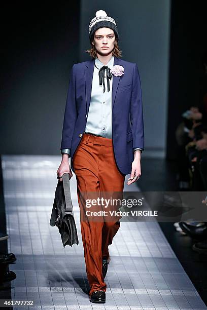 Model walks the runway during the Gucci show as part of Milan Menswear Fashion Week Fall Winter 2015/2016 on January 19, 2015 in Milan, Italy.