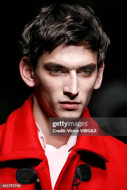 Model walks the runway during the Gucci show as part of Milan Menswear Fashion Week Fall Winter 2015/2016 on January 19, 2015 in Milan, Italy.