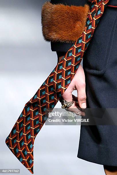 Model walks the runway during the Gucci show as part of Milan Menswear Fashion Week Fall Winter 2015/2016 on January 19, 2015 in Milan, Italy.