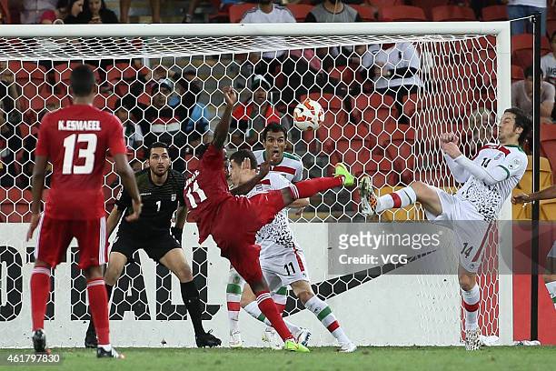 Ahmed Khalil of the United Arab Emirates shoots a goal during the 2015 Asian Cup match between IR Iran and the UAE at Suncorp Stadium on January 19,...