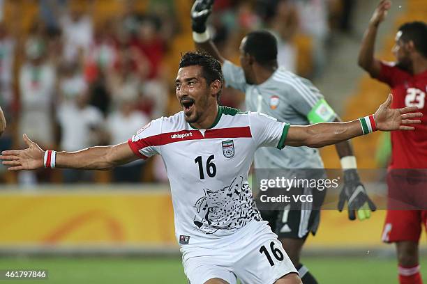 Reza Ghoochannejhad of Iran celebrates after scoring a goal during the 2015 Asian Cup match between IR Iran and the UAE at Suncorp Stadium on January...