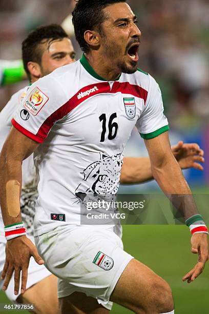 Reza Ghoochannejhad of Iran celebrate his goal with teammates during the 2015 Asian Cup match between IR Iran and the UAE at Suncorp Stadium on...