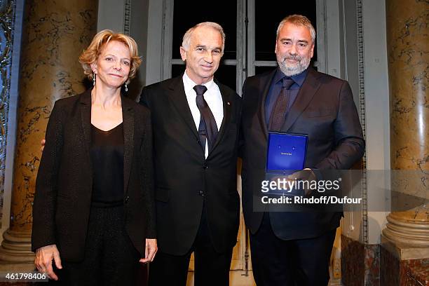 Frederique Bredin, Cesar Academy President Alain Terzian and Director Luc besson attend Luc Besson receives the First 'Gold Medal of the Academy of...