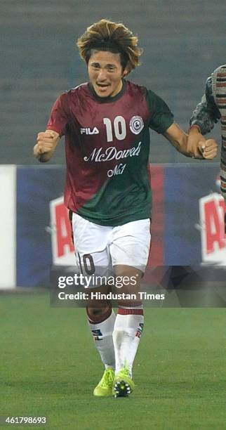 Katsumi Yusa of Mohunbagan celebrate his goal against East Bengal during the Premier Division League Derby Match at Yuba Bharati Krirangan, Salt Lake...