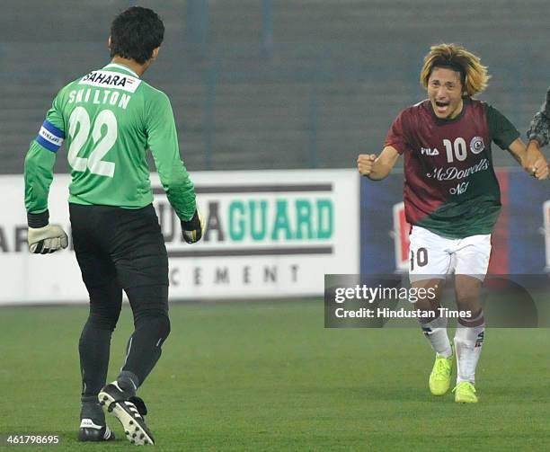 Katsumi Yusa of Mohunbagan alongwith goalkeeper Shilton Pal celebrating his goal against East Bengal during the Premier Division League Derby Match...