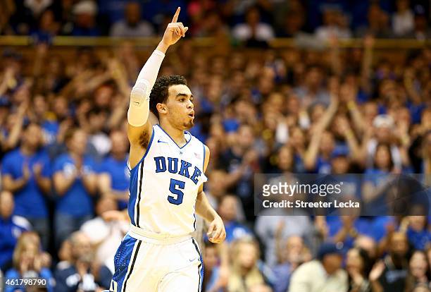Tyus Jones of the Duke Blue Devils reacts after a shot during their game against the Pittsburgh Panthers at Cameron Indoor Stadium on January 19,...