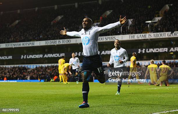 Jermain Defoe of Tottenham Hotspur celebrates his goal during the Barclays Premier League match between Tottenham Hotspur and Crystal Palace at White...