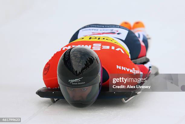 Lizzy Yarnold of Great Britain competes during heat one of the Women's Skeleton at the Viessmann FIBT Bob & Skeleton World Cup at the Olympia Bob Run...
