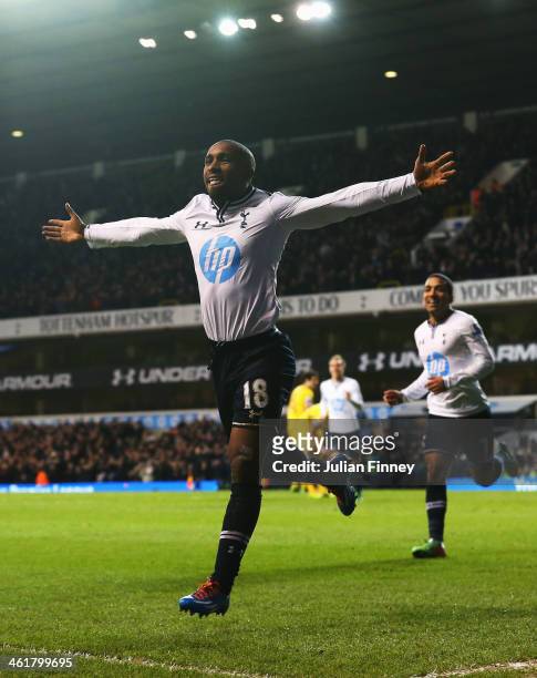Jermain Defoe of Tottenham Hotspur celebrates his goal during the Barclays Premier League match between Tottenham Hotspur and Crystal Palace at White...