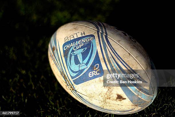 Detailed view of a match ball prior to the Amlin Challenge Cup match between Newport Gwent Dragons and Bath at Rodney Parade on January 11, 2014 in...