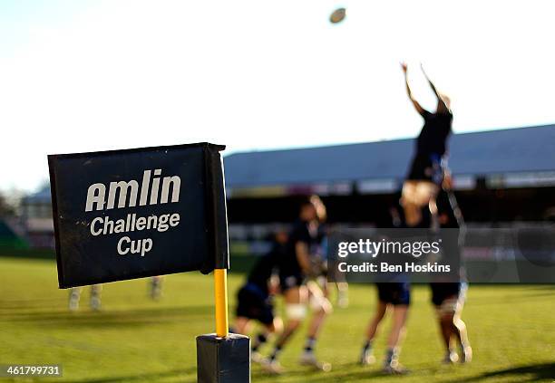 Detailed view of a corner post as the teams warm up prior to the Amlin Challenge Cup match between Newport Gwent Dragons and Bath at Rodney Parade on...