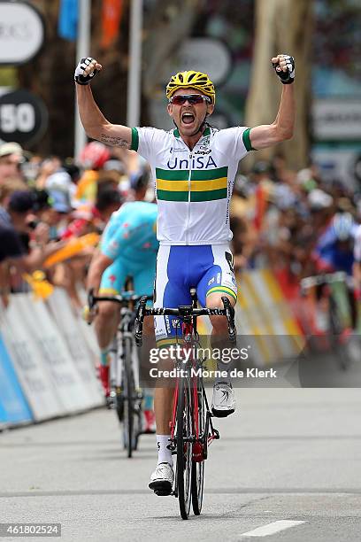 Jack Bobridge of of Australia and team UniSA-Australia celebrates after winning Stage 1 of the 2015 Santos Tour Down Under on January 20, 2015 in...