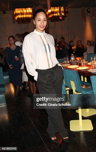 Joy Denalane attends the LaLa Berlin Dinner with Cinderella during the Mercedes-Benz Fashion Week Berlin Autumn/Winter 2015/16 at Crackers on January...