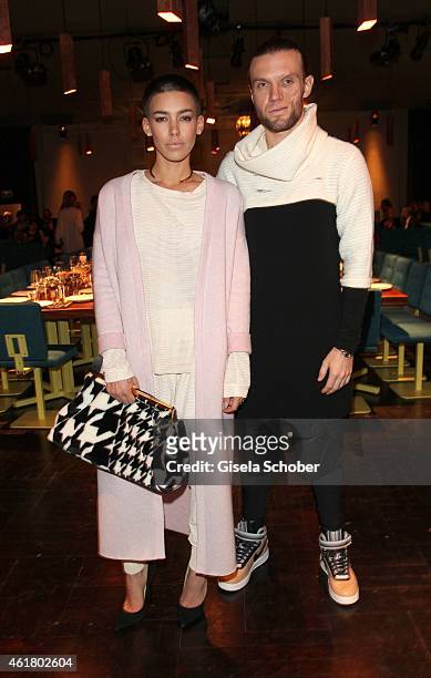 Alina Sueggeler, singer Frida Gold and Andreas Weizel attend the LaLa Berlin Dinner with Cinderella during the Mercedes-Benz Fashion Week Berlin...