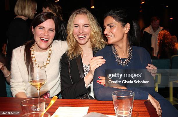 Fritzi Haberlandt, Nina Hoss, and designer Leyla Piedayesh attend the LaLa Berlin Dinner with Cinderella during the Mercedes-Benz Fashion Week Berlin...