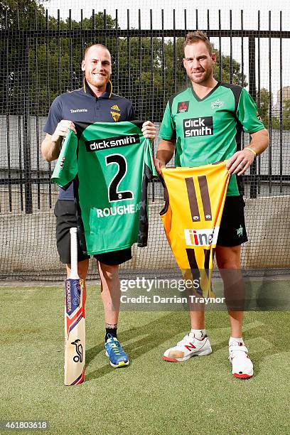 Jarryd Roughead of the Hawks and John Hastings of the Melbourne Stars pose for a photo during a Melbourne Stars and Hawthorn Hawks media opportunity...