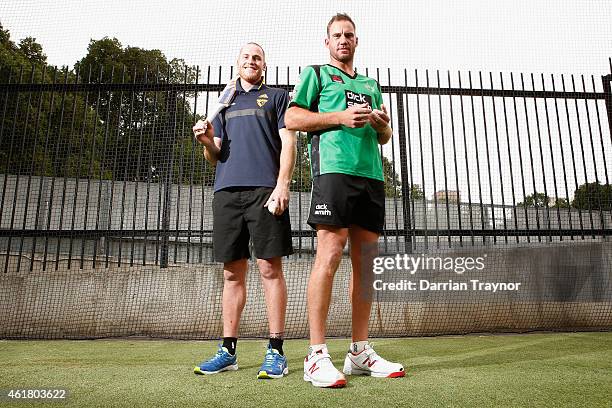 Jarryd Roughead of the Hawks and John Hastings of the Melbourne Stars pose for a photo during a Melbourne Stars and Hawthorn Hawks media opportunity...