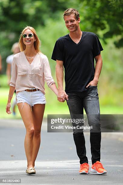 Tomas Berdych of Czech Republic walking in the Melbourne Botanical Gardens with his fiancee Ester Satorova during the 2015 Australian Open on January...