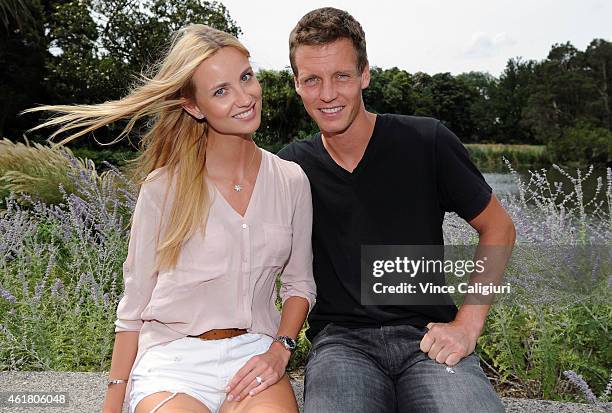 Tomas Berdych of Czech Republic poses with his fiancee Ester Satorova at Melbourne Botanical Gardens during the 2015 Australian Open on January 20,...