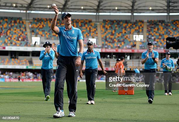 Steven Finn of England salutes the crowd as he leaves the field after taking 5 wickets during the One Day International match between England and...