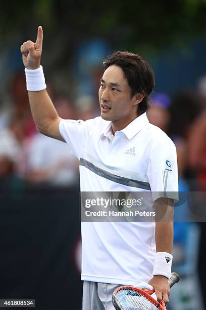 Go Soeda of Japan celebrates winning his first round match against Elias Ymer of Sweden during day two of the 2015 Australian Open at Melbourne Park...