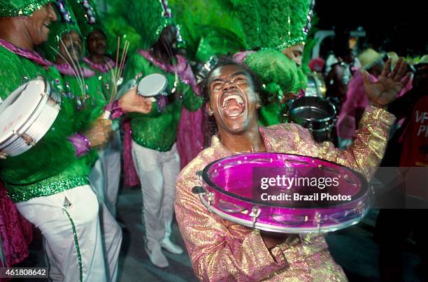Mangueira Samba School drumming wing, drumming section or "bateria", a kind of orchestra of percussion instruments that accompany the singer and lead...