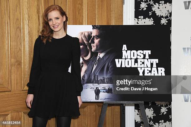 Jessica Chastain attends a photocall for "A Most Violent Year" at The Soho Hotel on January 20, 2015 in London, England.