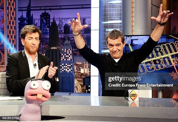 Pablo Motos and Antonio Banderas attend 'El Hormiguero' Tv show on January 19, 2015 in Madrid, Spain.