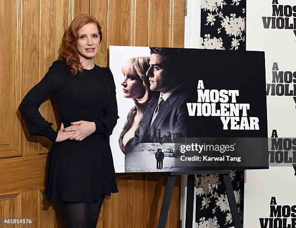 Jessica Chastain attends a photocall for 'A Most Violent Year' at The Soho Hotel on January 20, 2015 in London, England.