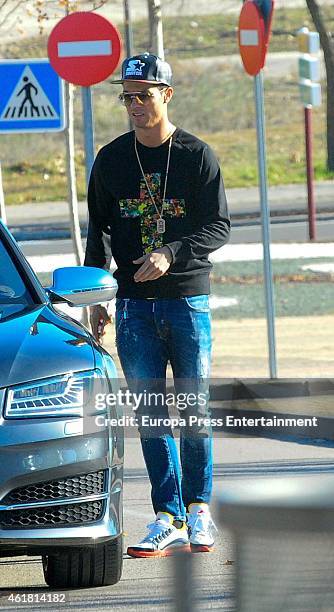 Real Madrid football player Cristiano Ronaldo is seen leaving his son's school on January 19, 2015 in Madrid, Spain.