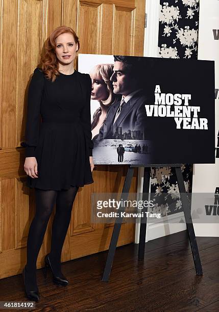Jessica Chastain attends a photocall for 'A Most Violent Year' at The Soho Hotel on January 20, 2015 in London, England.