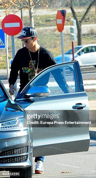 Real Madrid football player Cristiano Ronaldo is seen leaving his son's school on January 19, 2015 in Madrid, Spain.