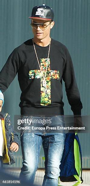 Real Madrid football player Cristiano Ronaldo is seen leaving his son's school on January 19, 2015 in Madrid, Spain.