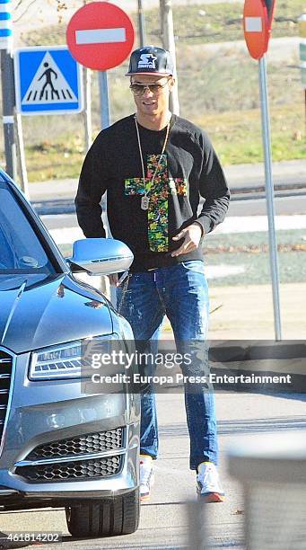 Real Madrid football player Cristiano Ronaldo is seen leaving his son's school on January 19, 2015 in Madrid, Spain.