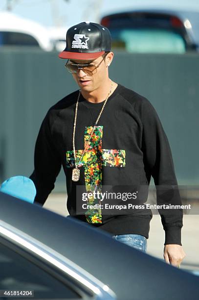 Real Madrid football player Cristiano Ronaldo is seen leaving his son's school on January 19, 2015 in Madrid, Spain.