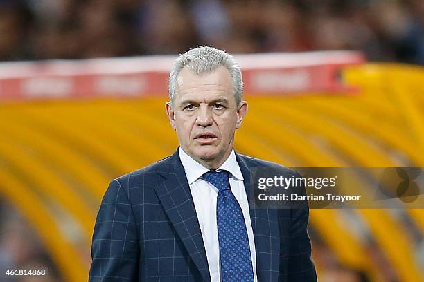 Coach of Japan Javier Aguirre looks on during the 2015 Asian Cup match between Japan and Jordan at AAMI Park on January 20, 2015 in Melbourne,...