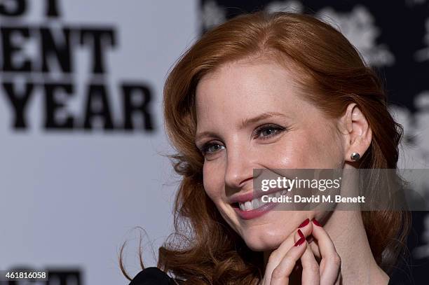 Jessica Chastain poses at a photocall for "A Most Violent Year" at The Soho Hotel on January 20, 2015 in London, England.