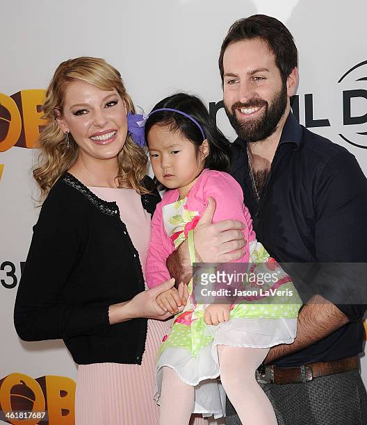 Actress Katherine Heigl, husband Josh Kelley and daughter Nancy "Naleigh" Leigh attend the premiere of "The Nut Job" at Regal Cinemas L.A. Live on...