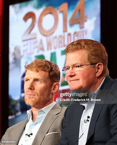 Alexi Lalas, soccer studio analyst and U.S. Men's National Team defender during the 1994 FIFA World Cup, and Jed Drake, Senior Vice President and...