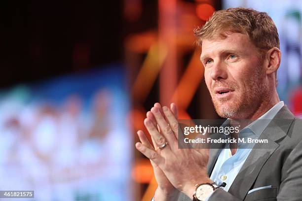 Alexi Lalas, soccer studio analyst and U.S. Men's National Team defender during the 1994 FIFA World Cup, speaks onstage during the '2013 FIFA World...