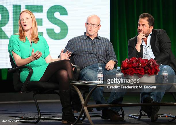 Libby Geist, Director of Development, ESPN Films and filmmakers Alex Gibney and Brett Ratner speak onstage during the '2013 FIFA World Cup on ESPN'...