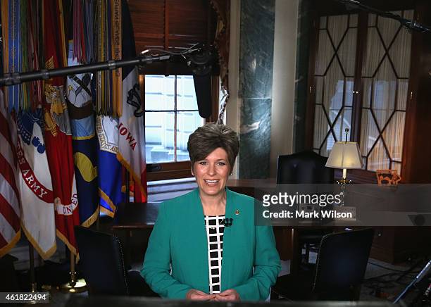 Sen. Joni Ernst practices the Republican response she will give after U.S. President Obama's State of the Union address, on Capitol Hill January 20,...