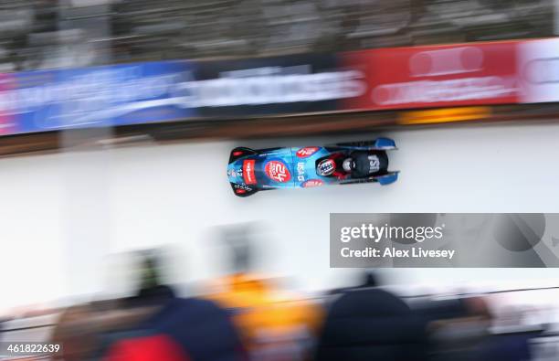 Nick Cunningham and Abraham Morlu of USA in action during the final heat of the Men's Bobsleigh at the Viessmann FIBT Bob & Skeleton World Cup at the...