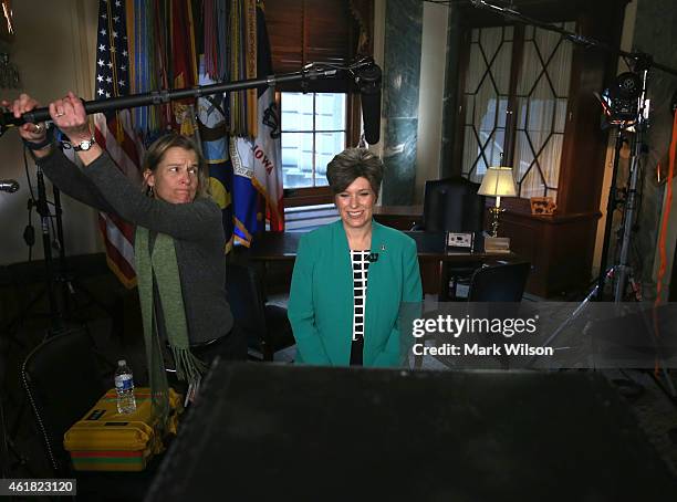 Sen. Joni Ernst practices the Republican response she will give after U.S. President Obama's State of the Union address, on Capitol Hill January 20,...