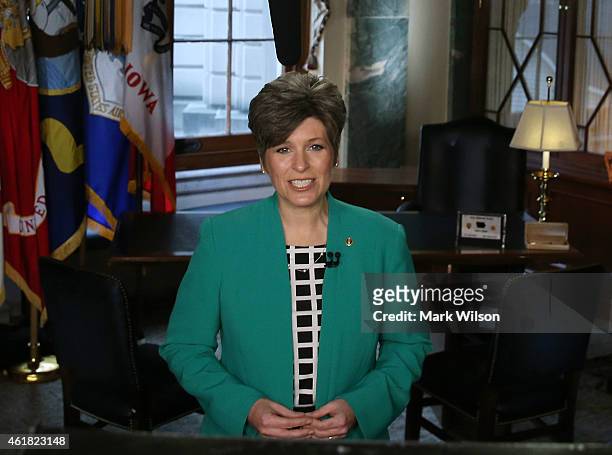Sen. Joni Ernst practices the Republican response she will give after U.S. President Obama's State of the Union address, on Capitol Hill January 20,...