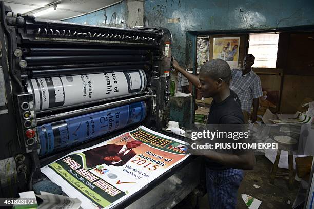 Printing press roles out election campaigning posters in Lagos on January 20, 2015. Former UN secretary-general Kofi Annan, who was in Abuja last...